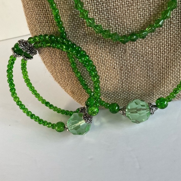 Hand Crafted Necklace Wrap Bracelet Drop Earrings Set Lime Green Double Strands - Picture 8 of 9